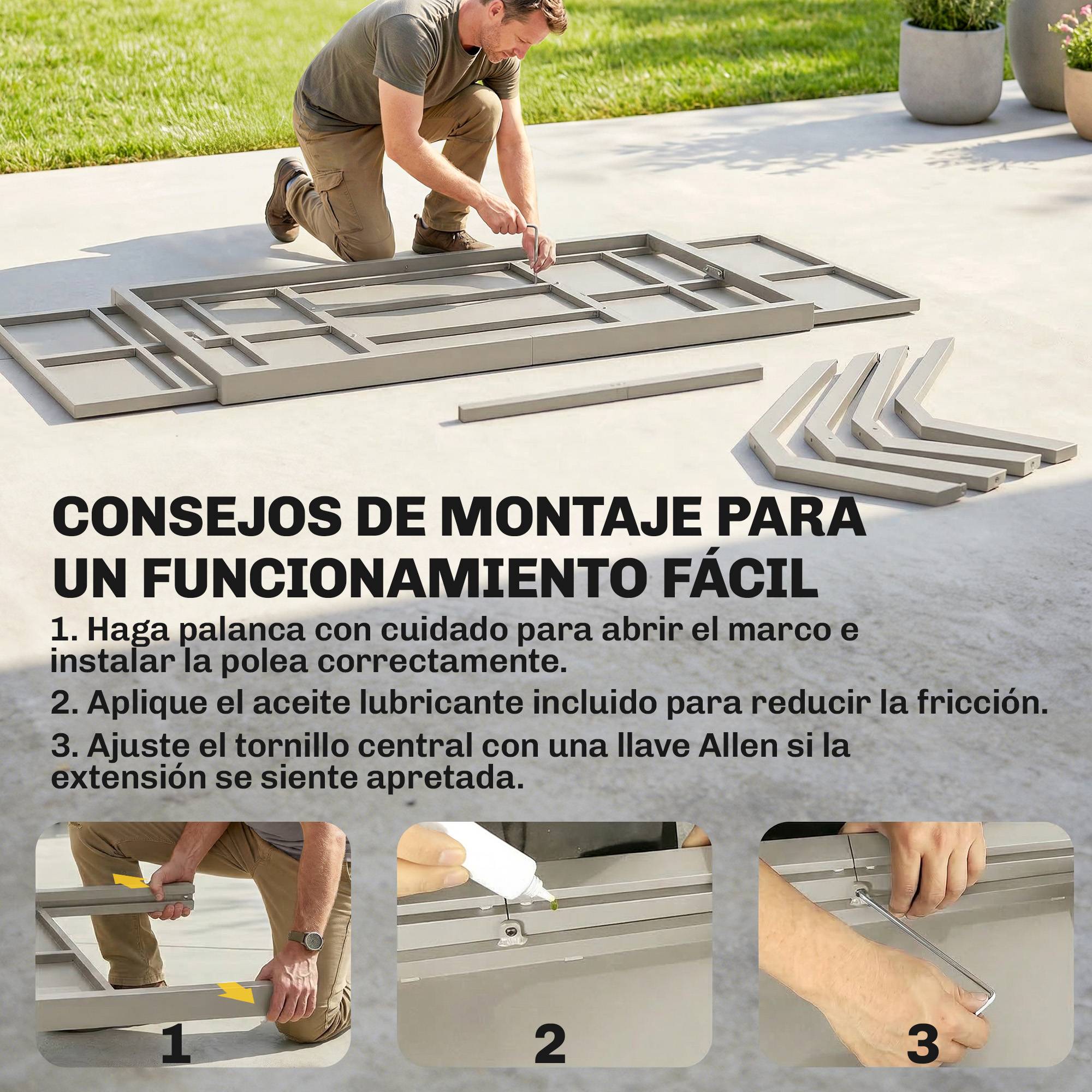 Table à manger extérieure extensible 154/214 cm pour 8-10 personnes aluminium acier, plateau imitation bois gris - Image 9