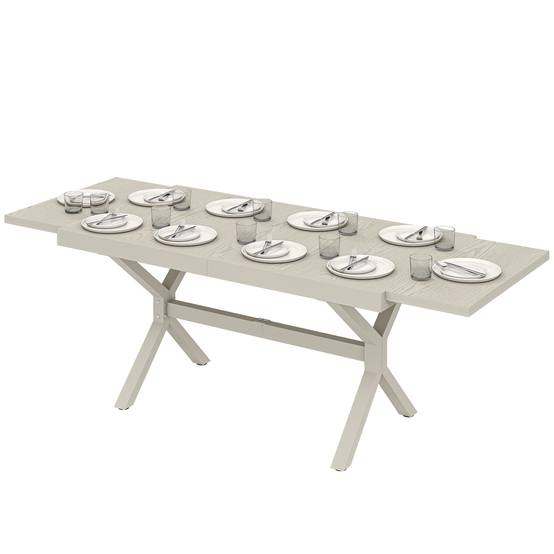 Table à manger extérieure extensible 154/214 cm pour 8-10 personnes aluminium acier, plateau imitation bois gris - Image 2