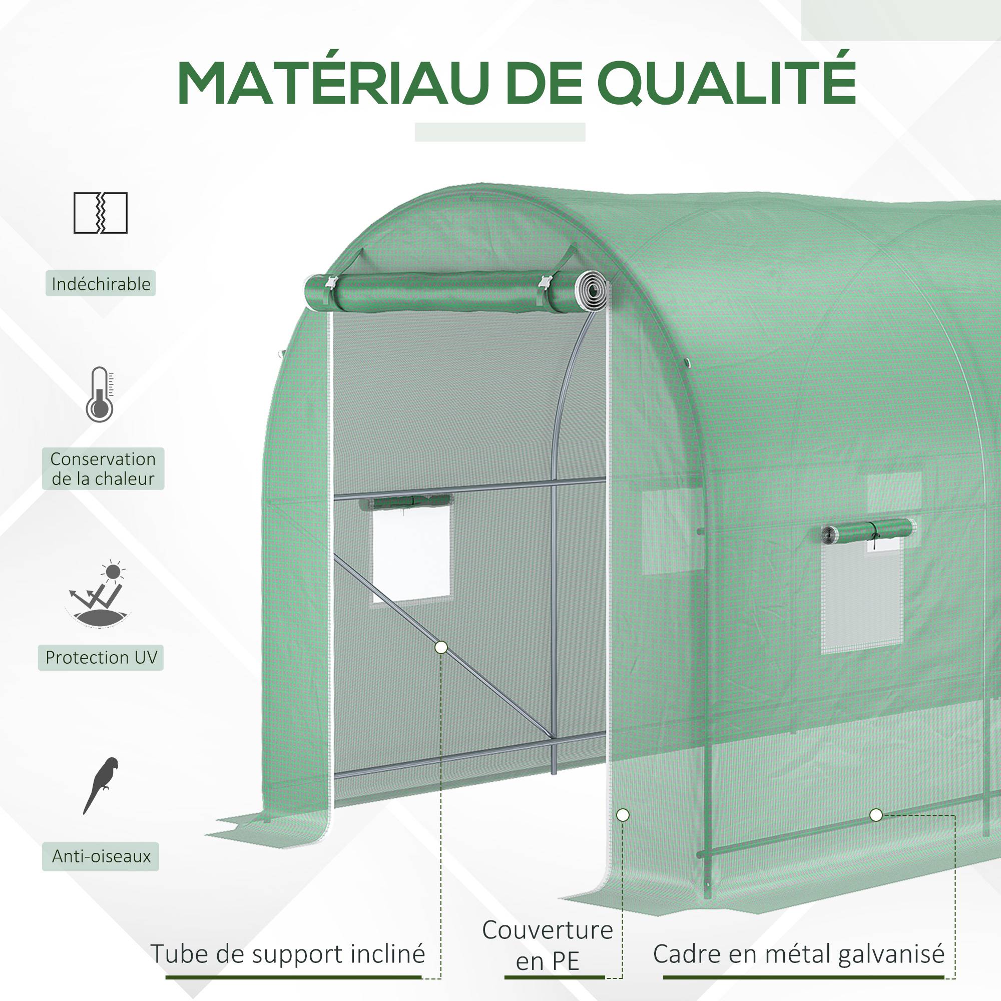 Sans Marque - Serre tunnel Outsunny 10 m² 5x2x2,05 m structure renforcée 8 fenêtres porte zippée serre potager verte jardin - Image 6