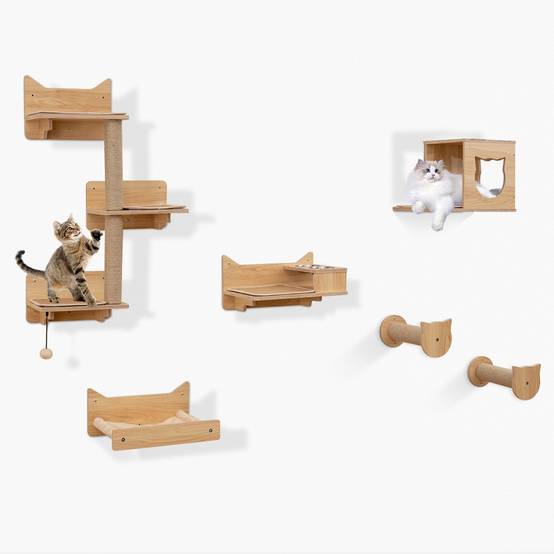 Arbre a Chat Mural en Bois, 6 Pcs Parcours Chat, Hamac, Condo, Plateforme avec 2 Gamelles, Tour pour Chaton à 3 Niveaux, 3 Marches