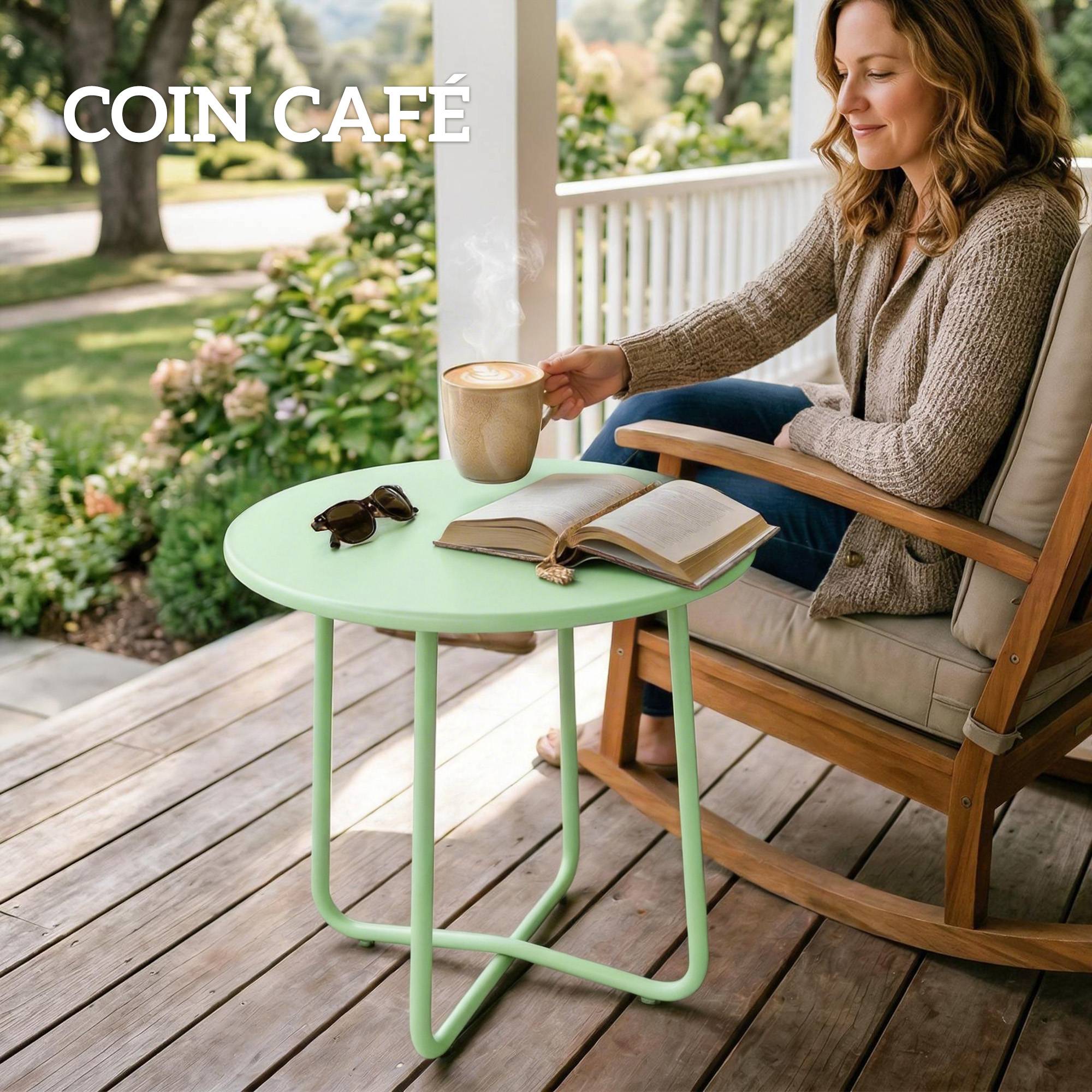 Table Basse Extérieure avec Bord Enroulé, Base en X avec Pieds Réglables en Hauteur, pour Salon Terrasse, Ø48x51cm, Vert - Image 9
