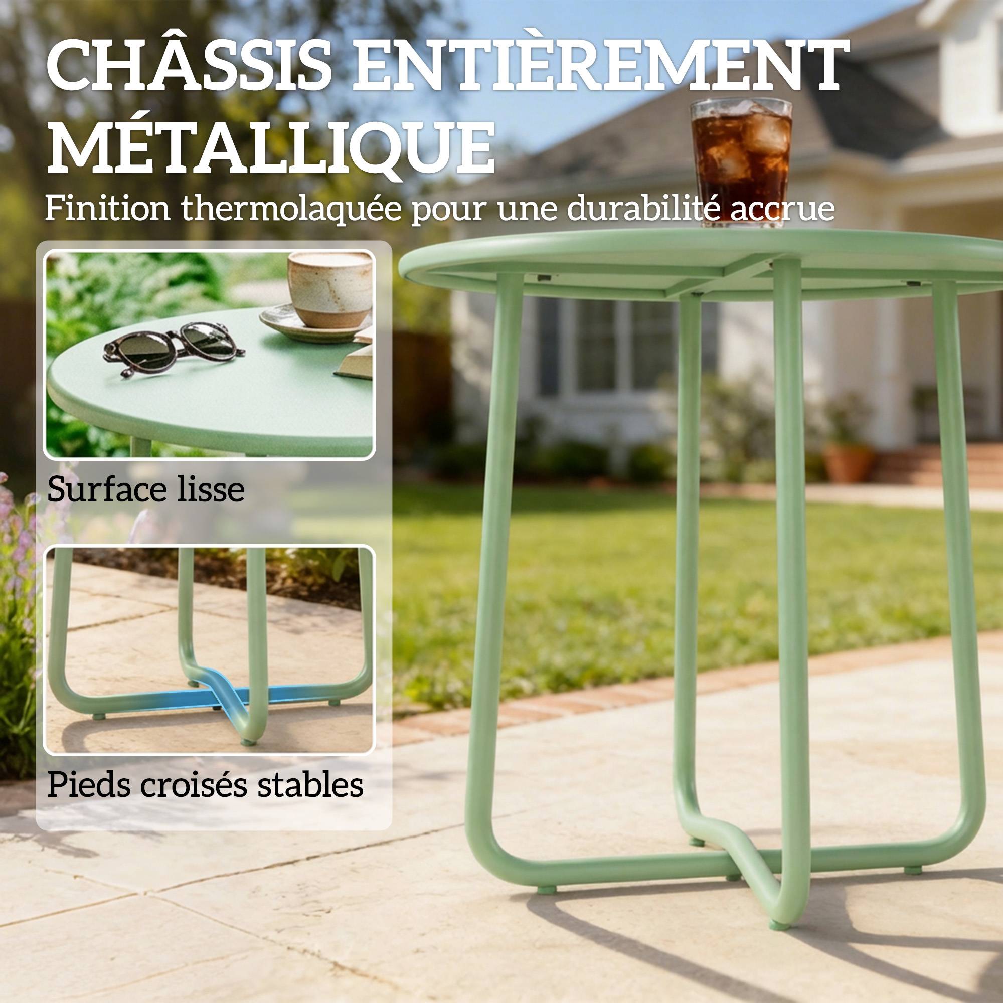 Table Basse Extérieure avec Bord Enroulé, Base en X avec Pieds Réglables en Hauteur, pour Salon Terrasse, Ø48x51cm, Vert - Image 7