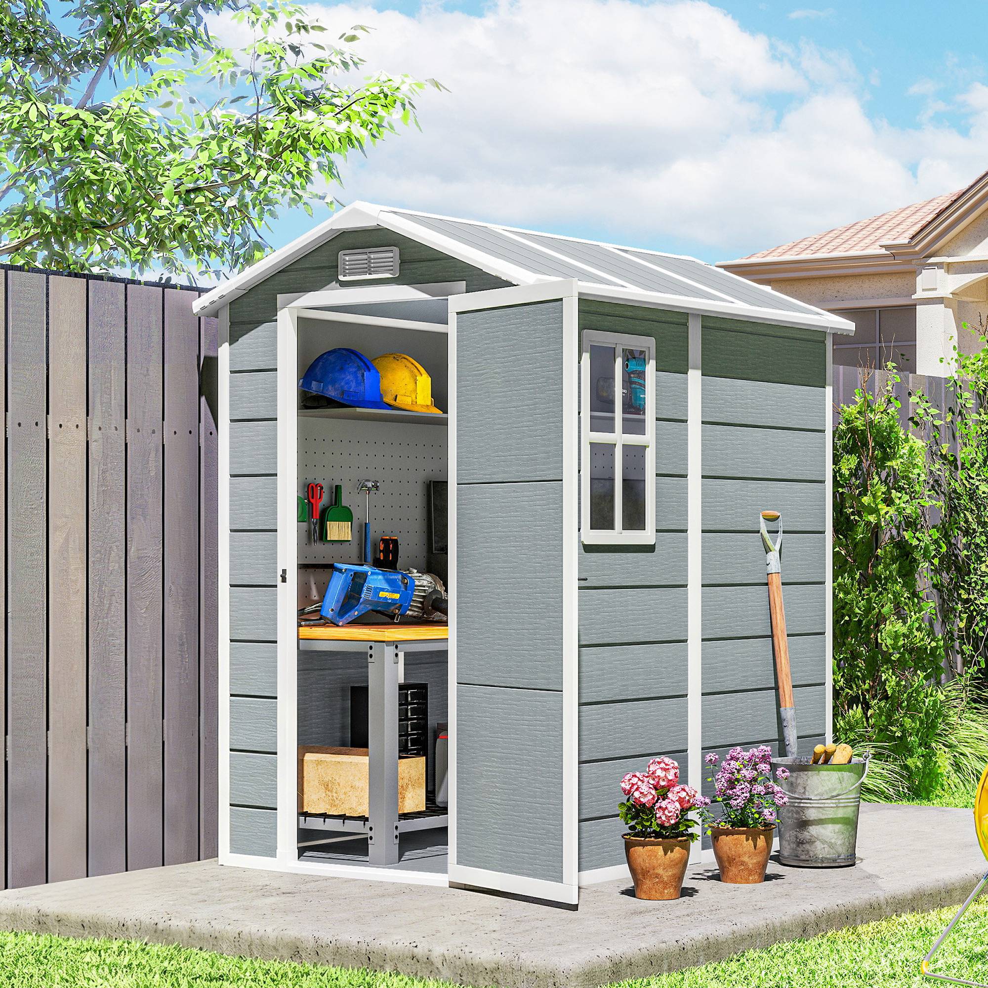 Abri de jardin en plastique avec plancher, 131 cm (L) x 186 cm (P) x 198 cm (H), gris - Image 4