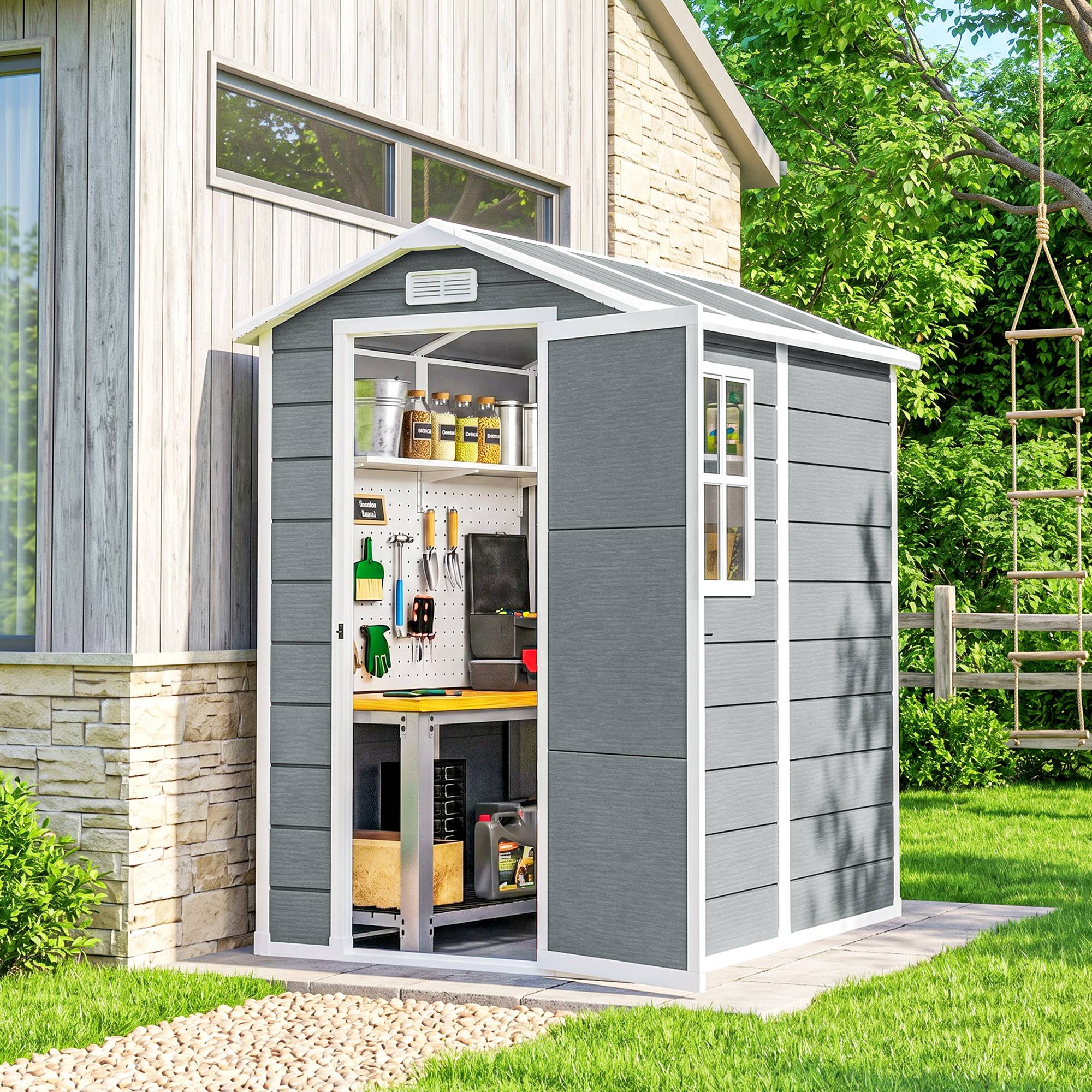 Abri de jardin en plastique avec plancher, 131 cm (L) x 186 cm (P) x 198 cm (H), gris - Image 3