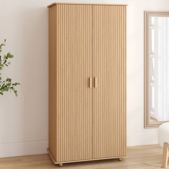 Armoire 2 portes JULIETTE effet lattes tasseau bois coloris chêne penderie 80 cm avec étagères rangement - Image 1