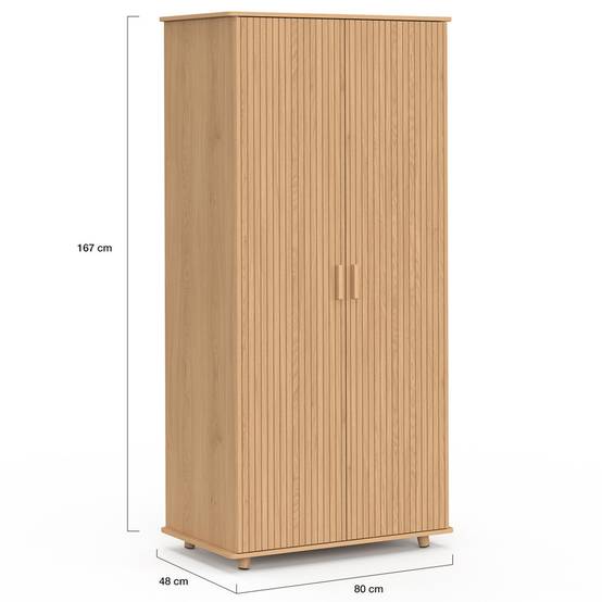 Armoire 2 portes JULIETTE effet lattes tasseau bois coloris chêne penderie 80 cm avec étagères rangement - Image 5