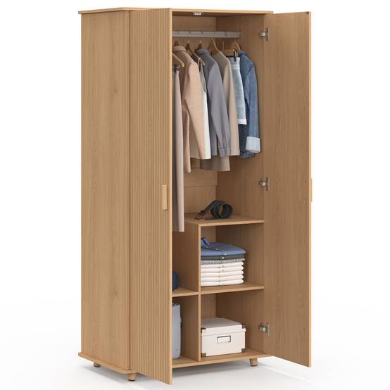 Armoire 2 portes JULIETTE effet lattes tasseau bois coloris chêne penderie 80 cm avec étagères rangement - Image 4