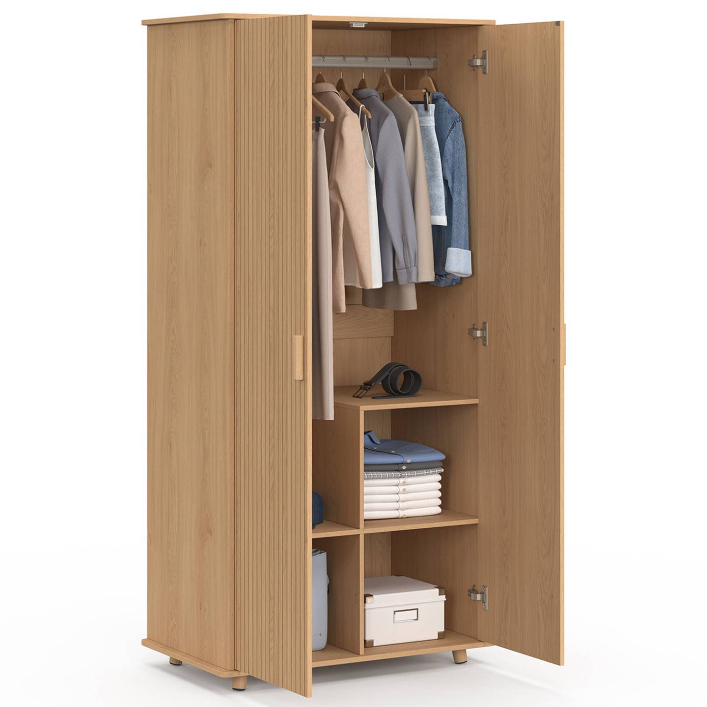 Armoire 2 portes JULIETTE effet lattes tasseau bois coloris chêne penderie 80 cm avec étagères rangement - Image 4