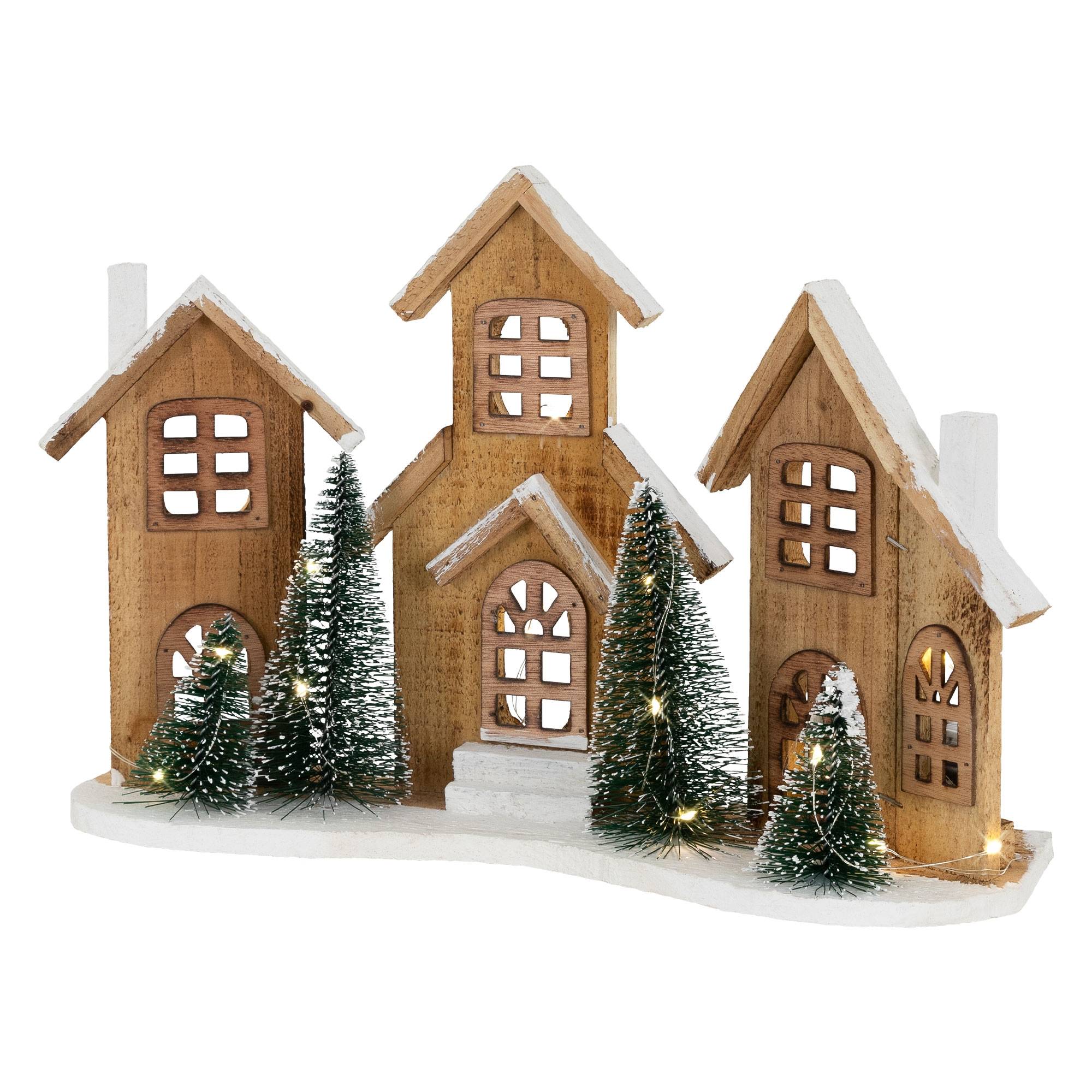 Ecd-Germany - Village de Noël déco d'hiver en bois figure LED blanc chaud minuteur maison Noël - Image 1