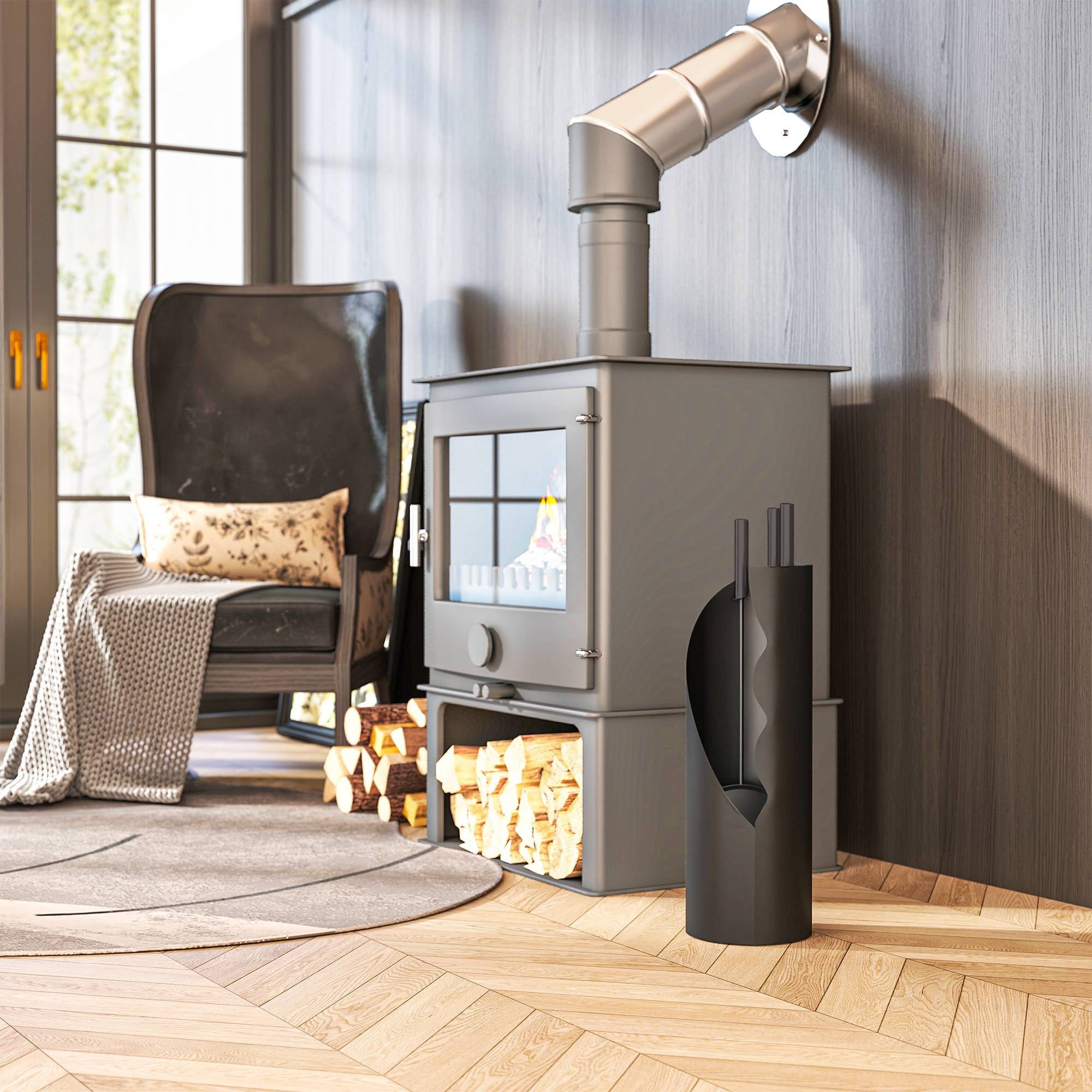 ComfortXL - Serviteur de cheminée 4 pièces en métal noir 20 x 20 x 65 cm avec seau pour rangement et entretien du foyer - Image 7