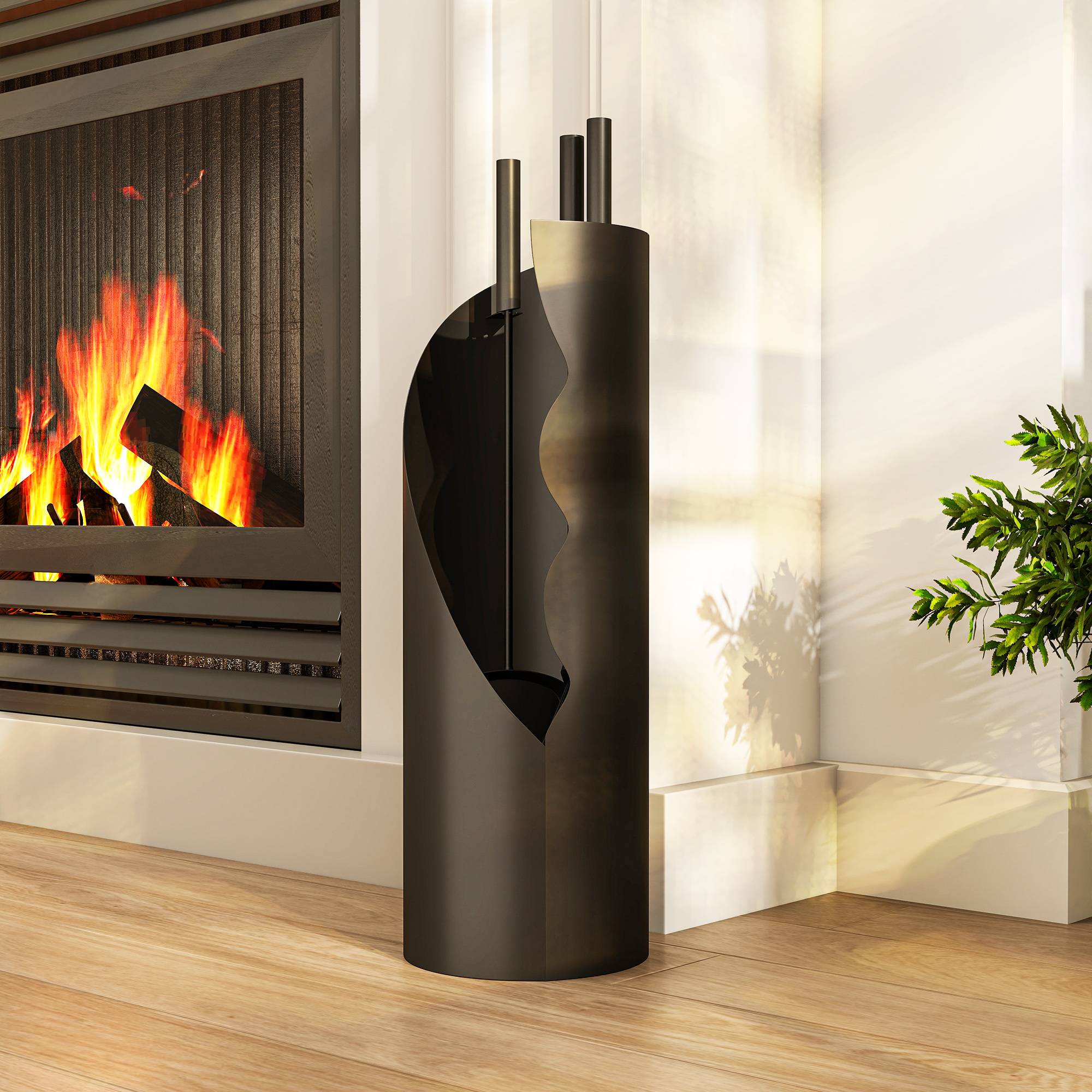 ComfortXL - Serviteur de cheminée 4 pièces en métal noir 20 x 20 x 65 cm avec seau pour rangement et entretien du foyer - Image 1