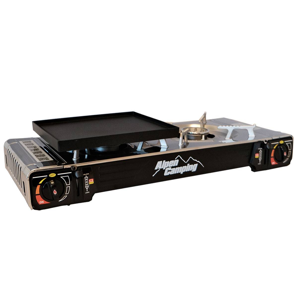 Réchaud gaz 2 feux 4400W et Plaque plancha 26 x 23cm 2en1 Allumage piezo TEXAS ALPEN Camping - Image 1