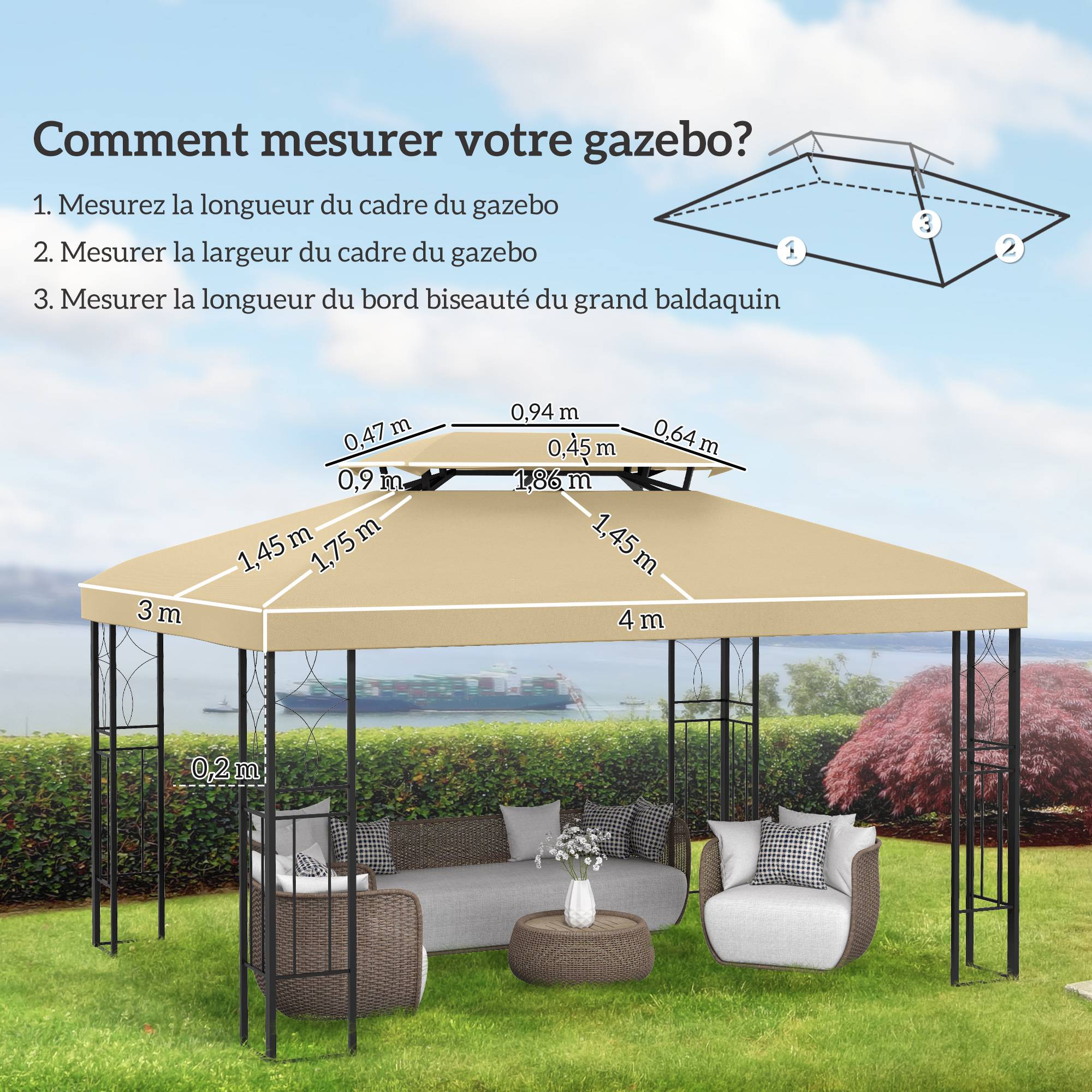 ComfortXL - Toile de rechange tissu pour tonnelle double toit ventilation 3x4m beige - ComfortXL Outdoor Living - Image 5