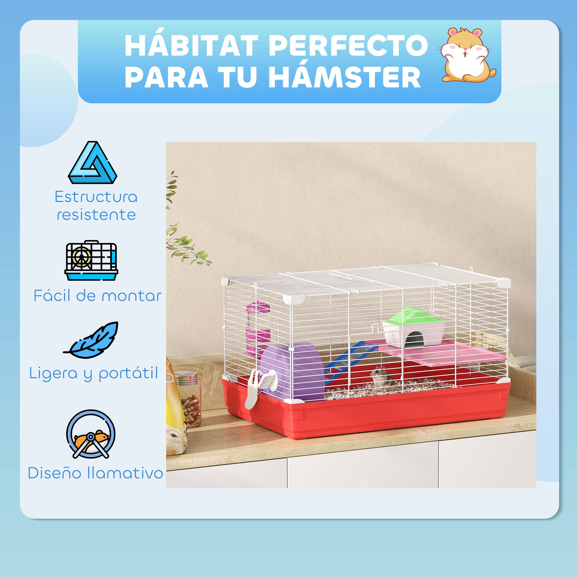 Cage hamster plateforme cabane mangeoire abreuvoir roue, 47x30x27cm, blanc rouge - Image 9