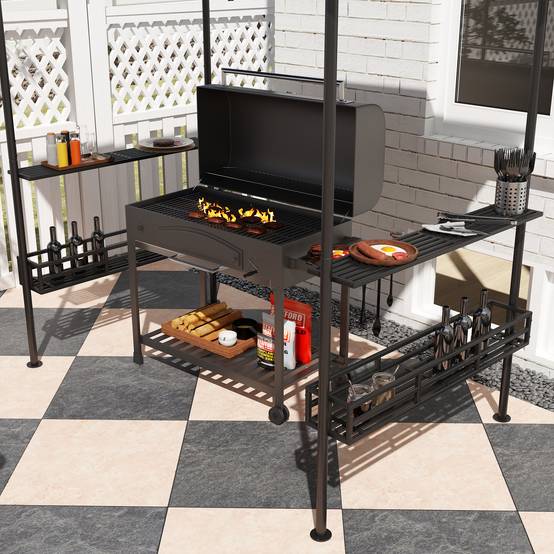 Outsunny - Tonnelle de barbecue et réception jardin 240x150x257 cm avec crochet plafond, étagères et paniers rangement structure métal galvanisé gris - Outsunny - Image 9