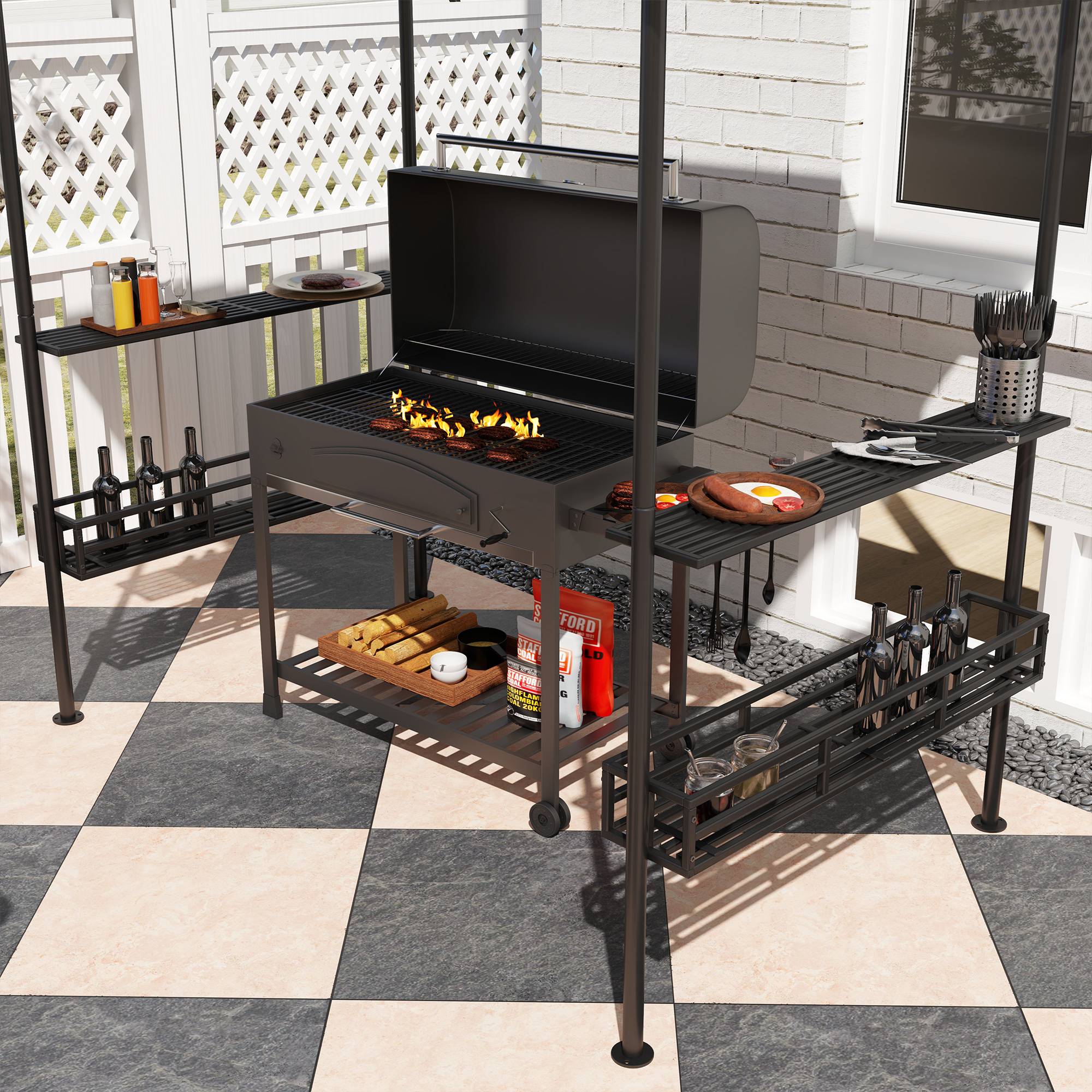 Outsunny - Tonnelle de barbecue et réception jardin 240x150x257 cm avec crochet plafond, étagères et paniers rangement structure métal galvanisé gris - Outsunny - Image 9