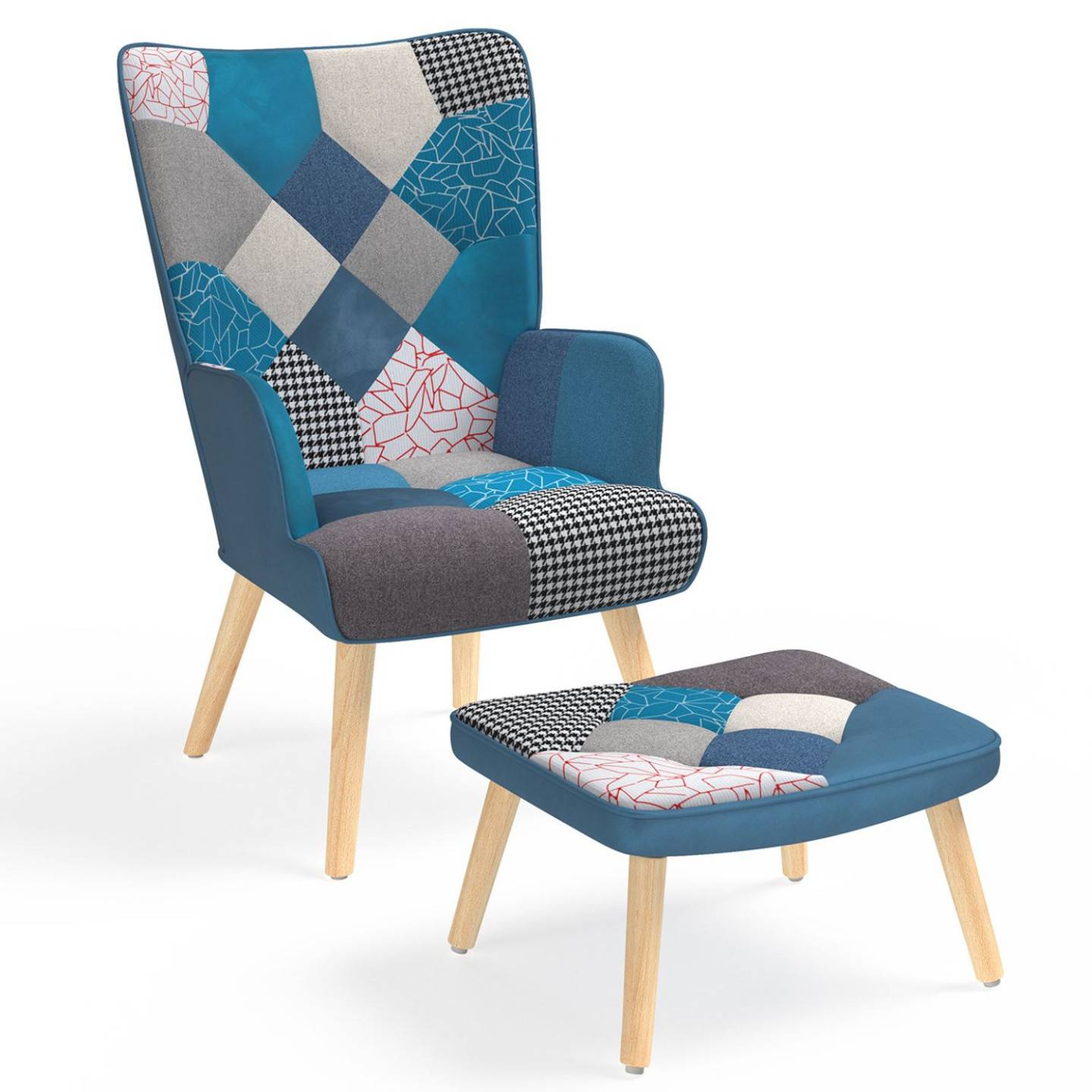 Fauteuil scandinave IVAR avec repose pieds en tissu patchwork et velours bleu - Image 2