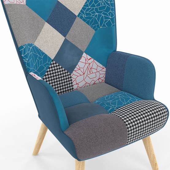 Fauteuil scandinave IVAR avec repose pieds en tissu patchwork et velours bleu - Image 7