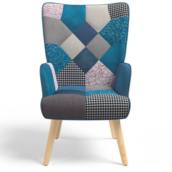 Fauteuil scandinave IVAR avec repose pieds en tissu patchwork et velours bleu - Image 3