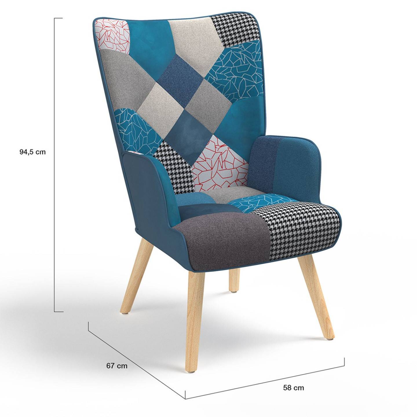 Fauteuil scandinave IVAR avec repose pieds en tissu patchwork et velours bleu - Image 6