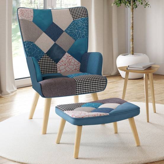 Fauteuil scandinave IVAR avec repose pieds en tissu patchwork et velours bleu - Image 1