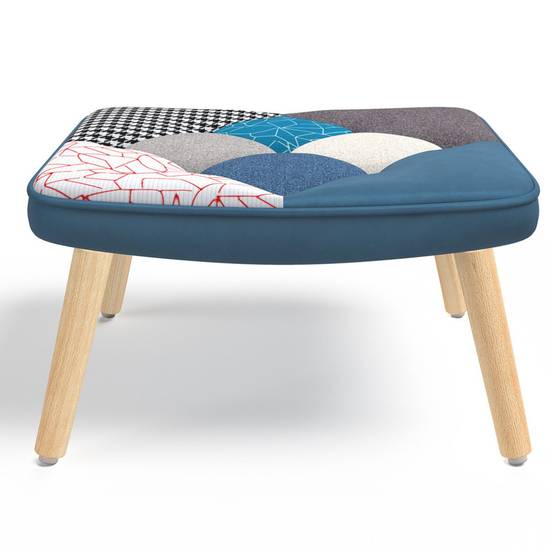 Fauteuil scandinave IVAR avec repose pieds en tissu patchwork et velours bleu - Image 5