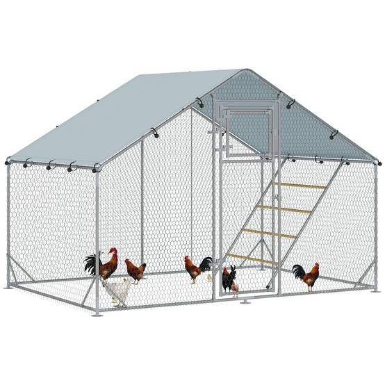 Poulailler de 6 m² pour 6 à 8 poules, avec toit étanche, mangeoire et perchoir, 3 x 2 x 1,9 m, argent - Image 1
