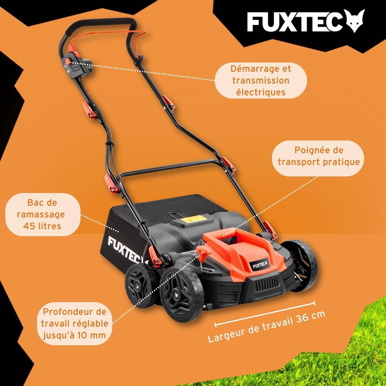 FUXTEC - Scarificateur Électrique Fx-ev360 Fuxtec, 1500 W, Largeur 36 Cm, 5 Niveaux De Profondeur, Bac 45 L, Aérateur De Gazon - Image 6