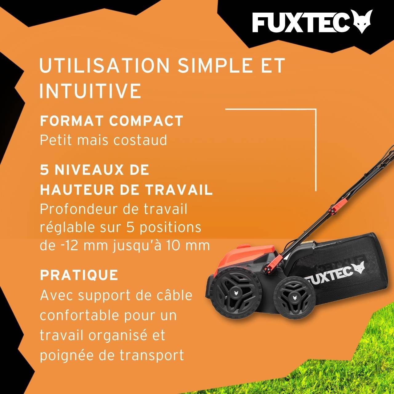 FUXTEC - Scarificateur Électrique Fx-ev360 Fuxtec, 1500 W, Largeur 36 Cm, 5 Niveaux De Profondeur, Bac 45 L, Aérateur De Gazon - Image 5