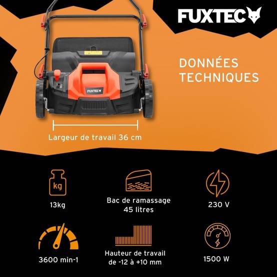 FUXTEC - Scarificateur Électrique Fx-ev360 Fuxtec, 1500 W, Largeur 36 Cm, 5 Niveaux De Profondeur, Bac 45 L, Aérateur De Gazon - Image 3