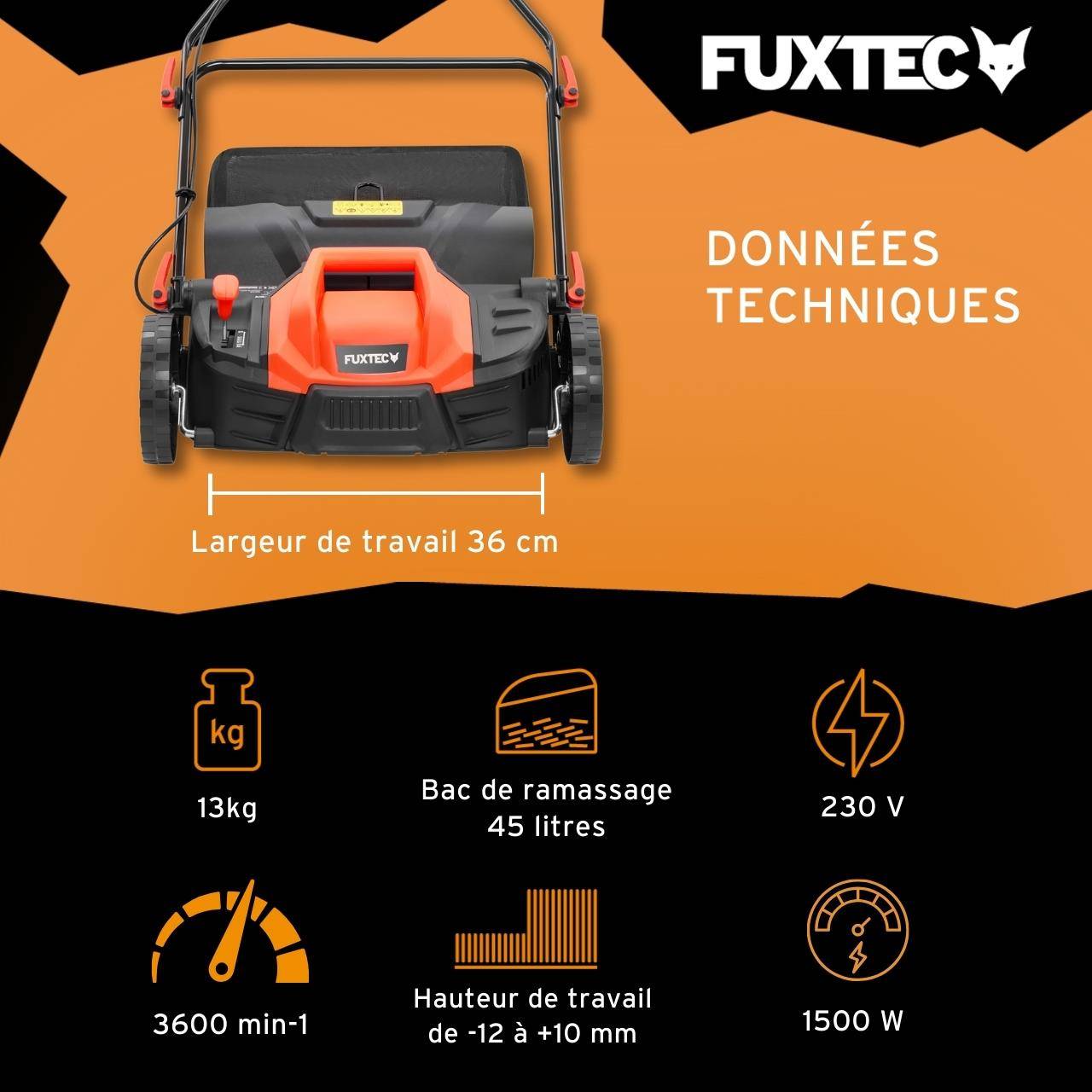 FUXTEC - Scarificateur Électrique Fx-ev360 Fuxtec, 1500 W, Largeur 36 Cm, 5 Niveaux De Profondeur, Bac 45 L, Aérateur De Gazon - Image 3