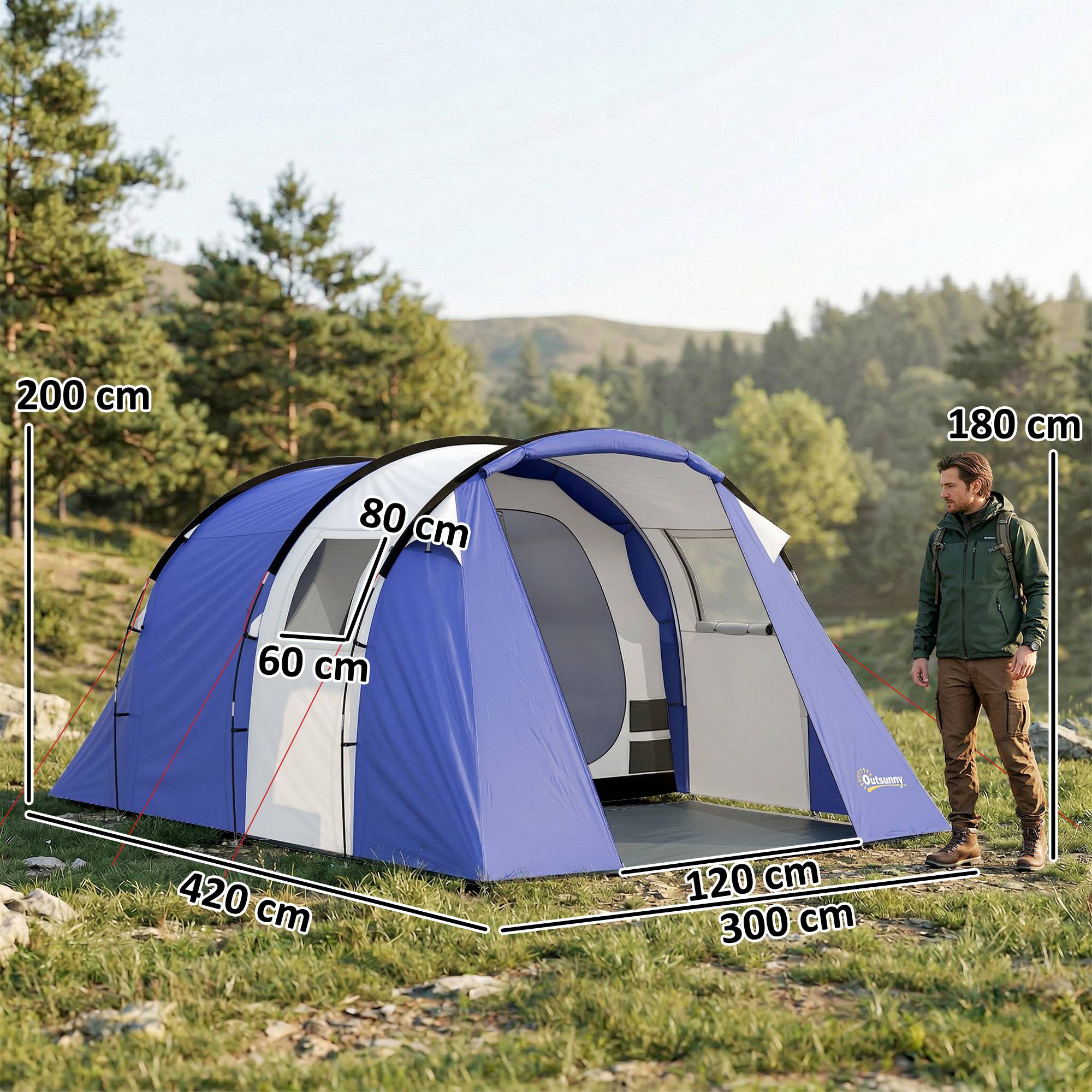 Tente camping 4 personnes avec 2 chambres, imperméable 3000 mm, tapis de sol et sac 420x300x200 cm bleu foncé - Image 5