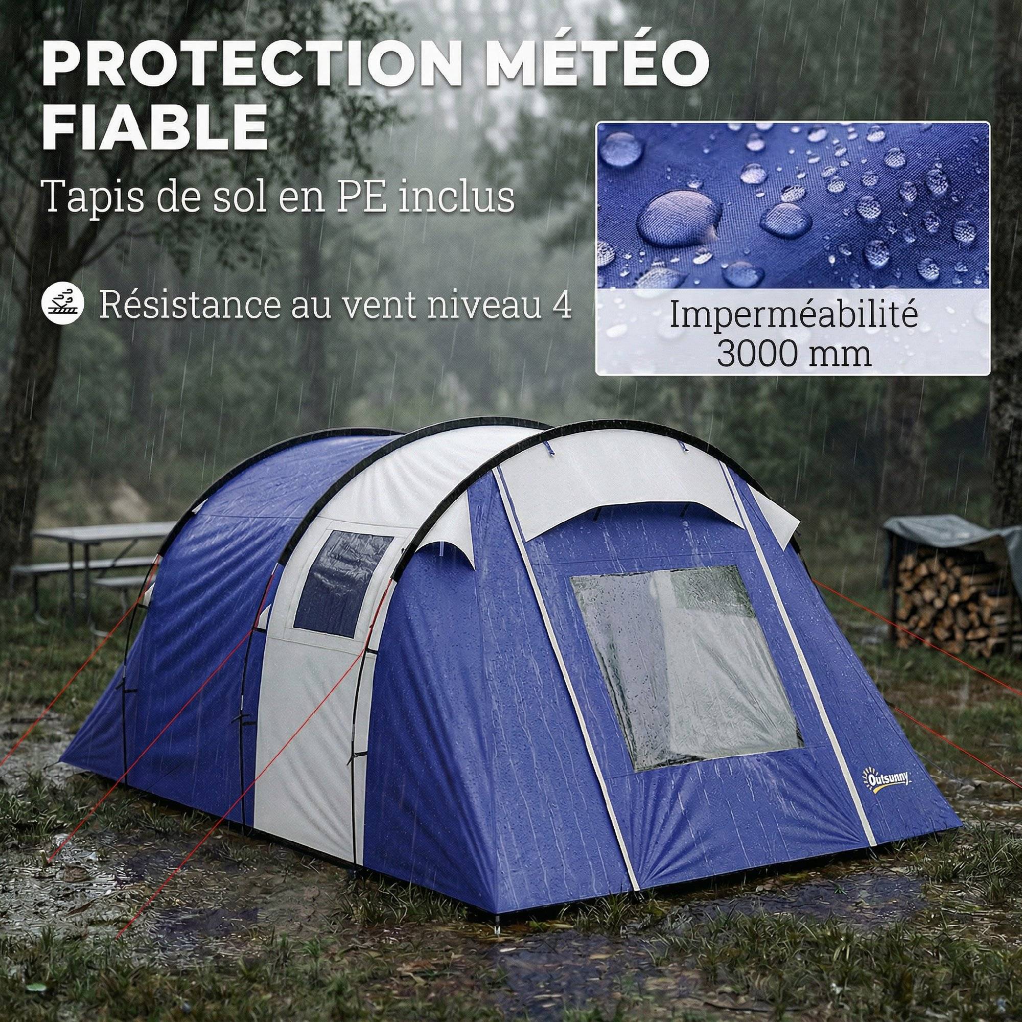 Tente camping 4 personnes avec 2 chambres, imperméable 3000 mm, tapis de sol et sac 420x300x200 cm bleu foncé - Image 7