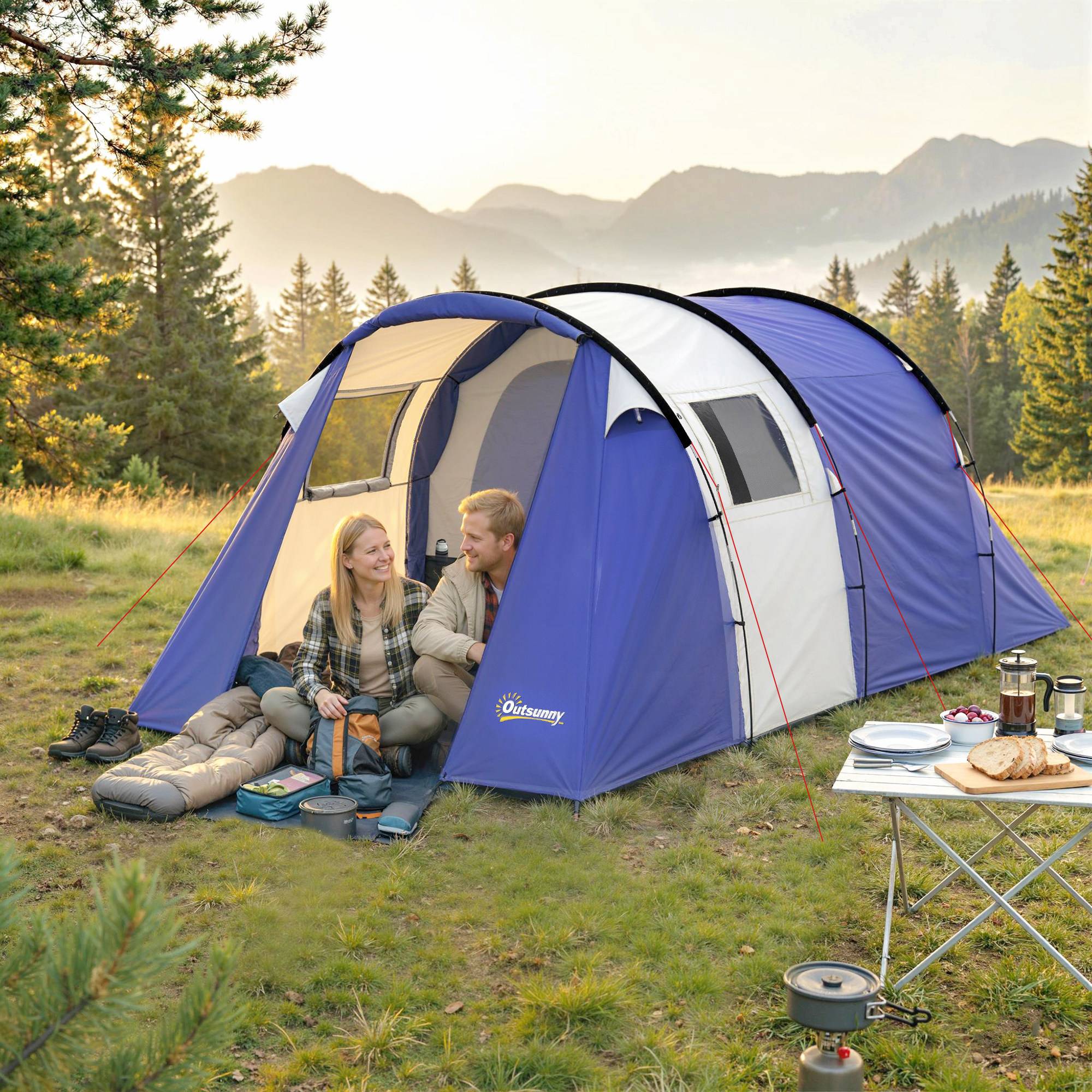 Tente camping 4 personnes avec 2 chambres, imperméable 3000 mm, tapis de sol et sac 420x300x200 cm bleu foncé - Image 3