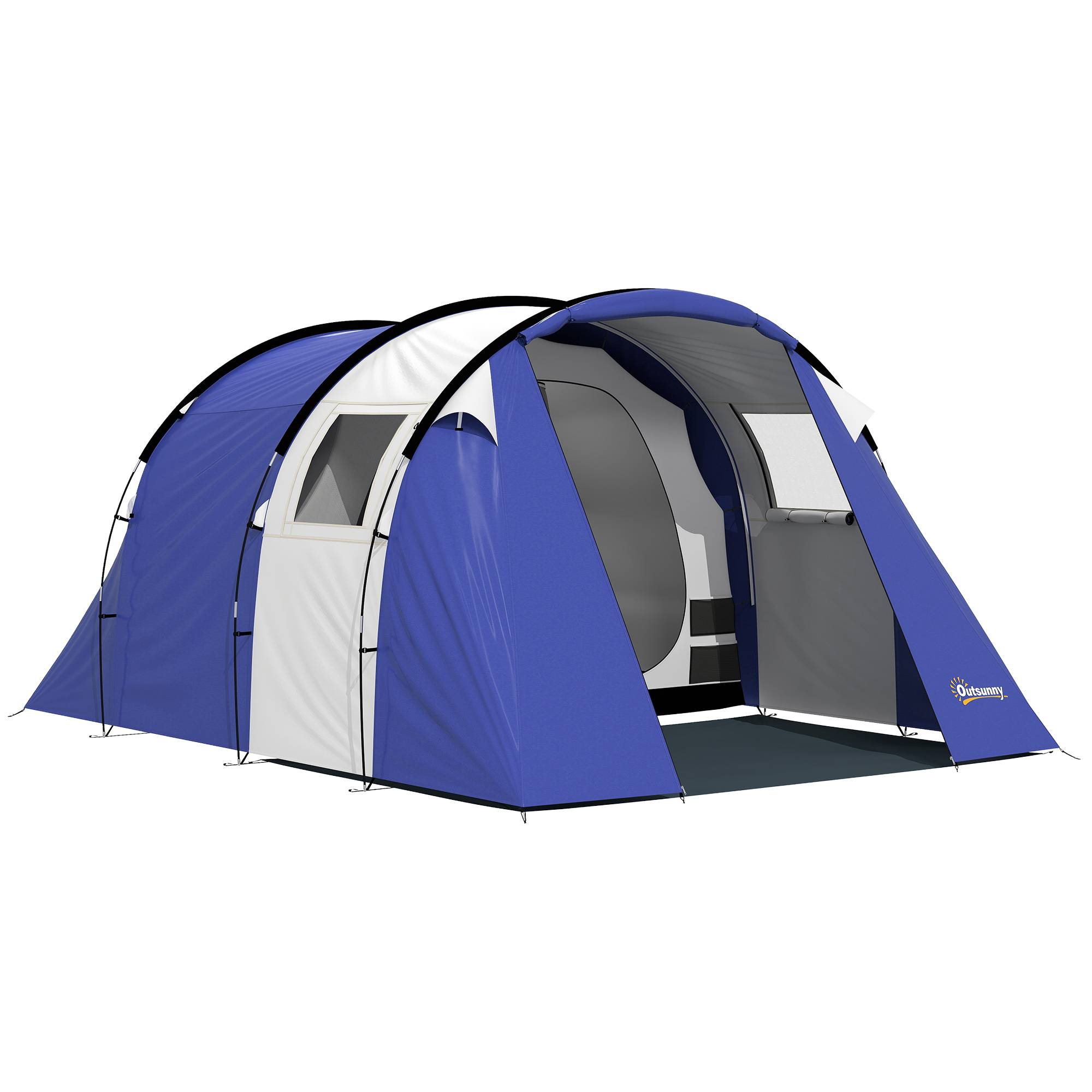 Tente camping 4 personnes avec 2 chambres, imperméable 3000 mm, tapis de sol et sac 420x300x200 cm bleu foncé - Image 1