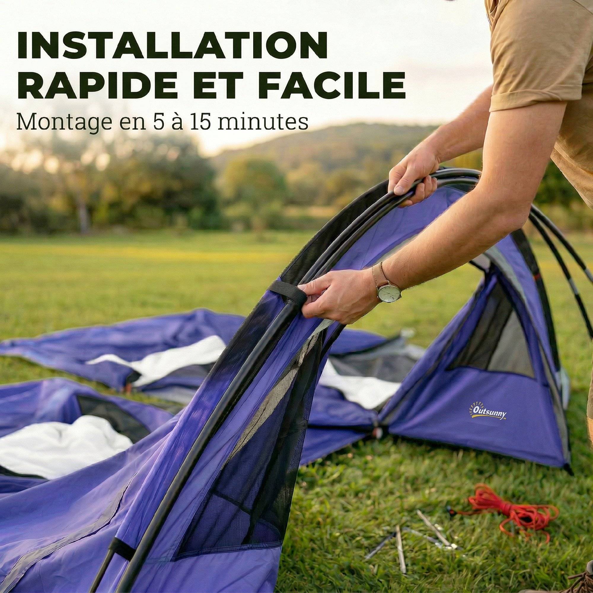 Tente camping 4 personnes avec 2 chambres, imperméable 3000 mm, tapis de sol et sac 420x300x200 cm bleu foncé - Image 8
