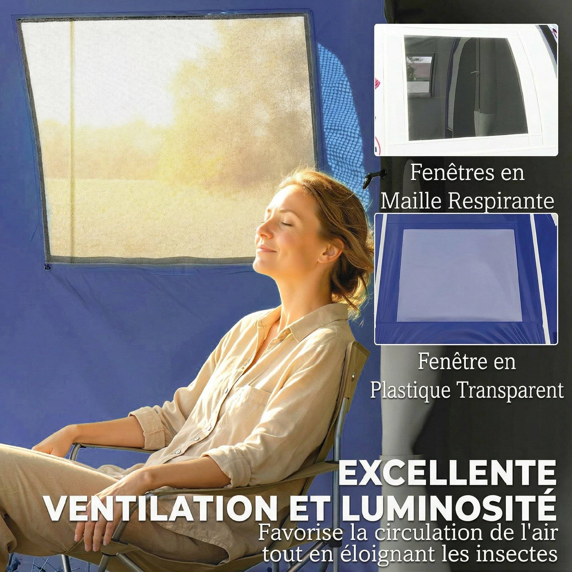 Tente camping 4 personnes avec 2 chambres, imperméable 3000 mm, tapis de sol et sac 420x300x200 cm bleu foncé - Image 9