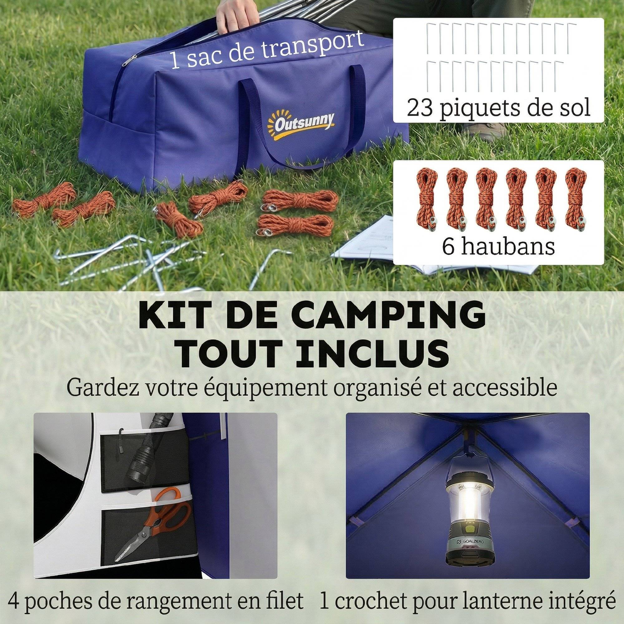 Tente camping 4 personnes avec 2 chambres, imperméable 3000 mm, tapis de sol et sac 420x300x200 cm bleu foncé - Image 10