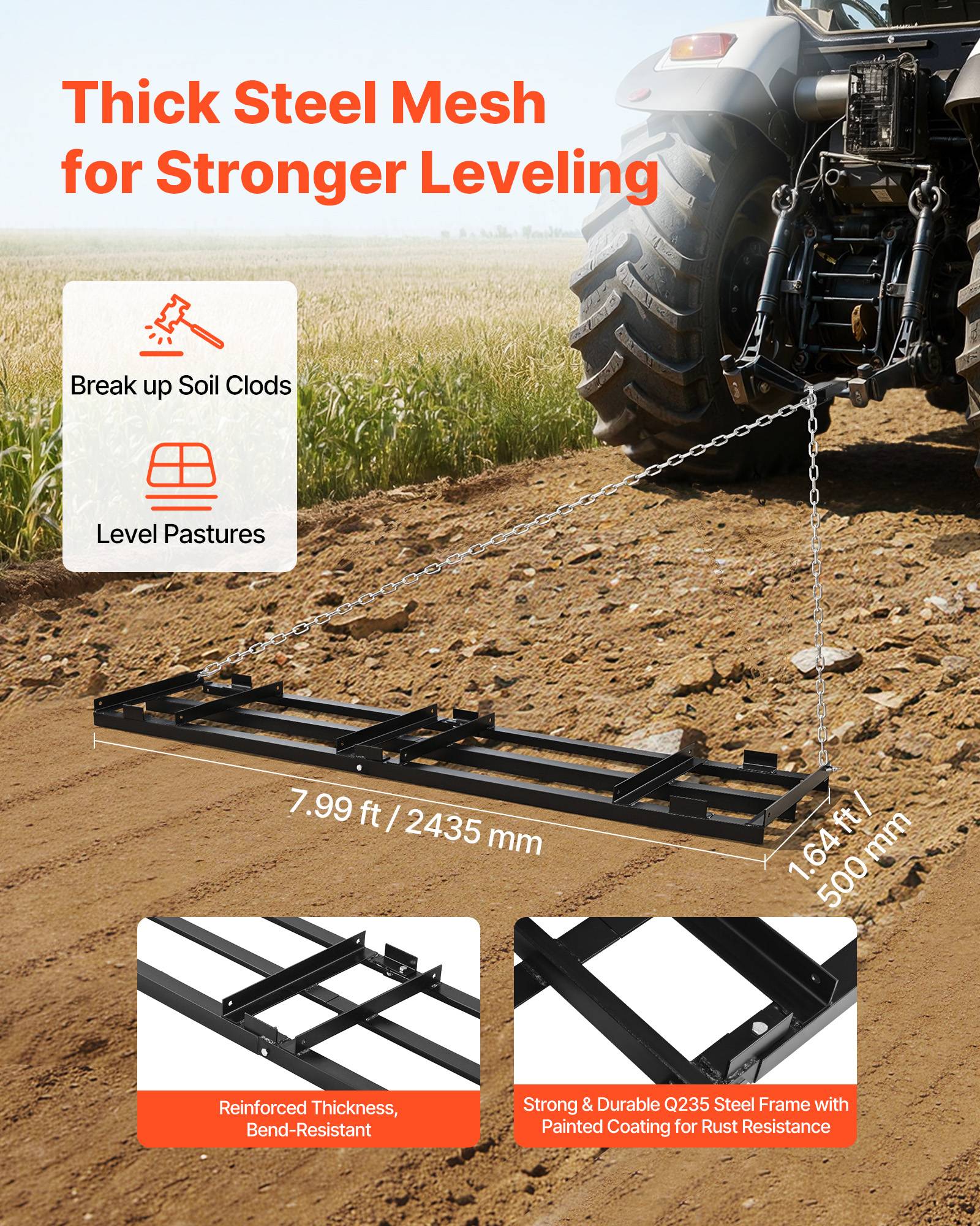 Vevor - VEVOR Herse Traînée Râteau Nivellement Chaine 243,5x50 cm pour Tracteur VTT UTV - Image 2