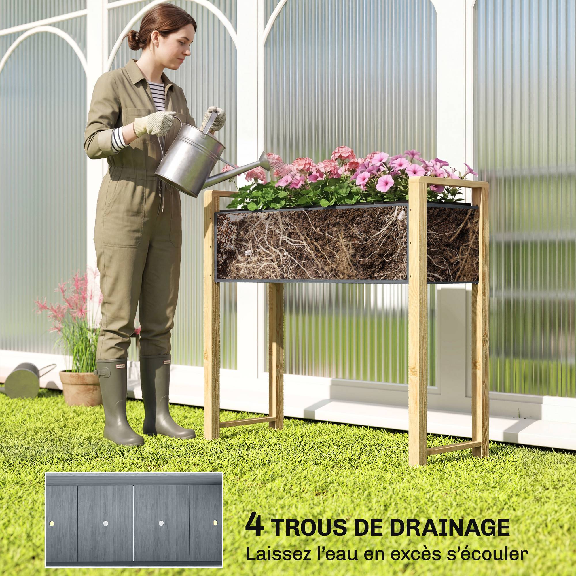 Carré Potager avec pieds Lit de Jardin Surélevé 4 trous de drainage et Tissu non tissé, 98 x 37 x 90 cm, gris - Image 7