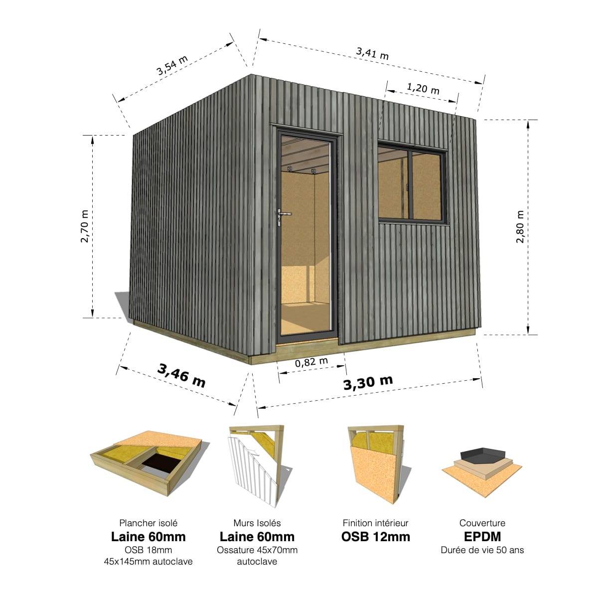 Sans Marque - STUDIO DE JARDIN / 11,8 m2 - 3,35 x 3,52m / Plancher isolé / Bardage Gris / Intérieur OSB / Livraison Gratuite / Studio Français - Image 1