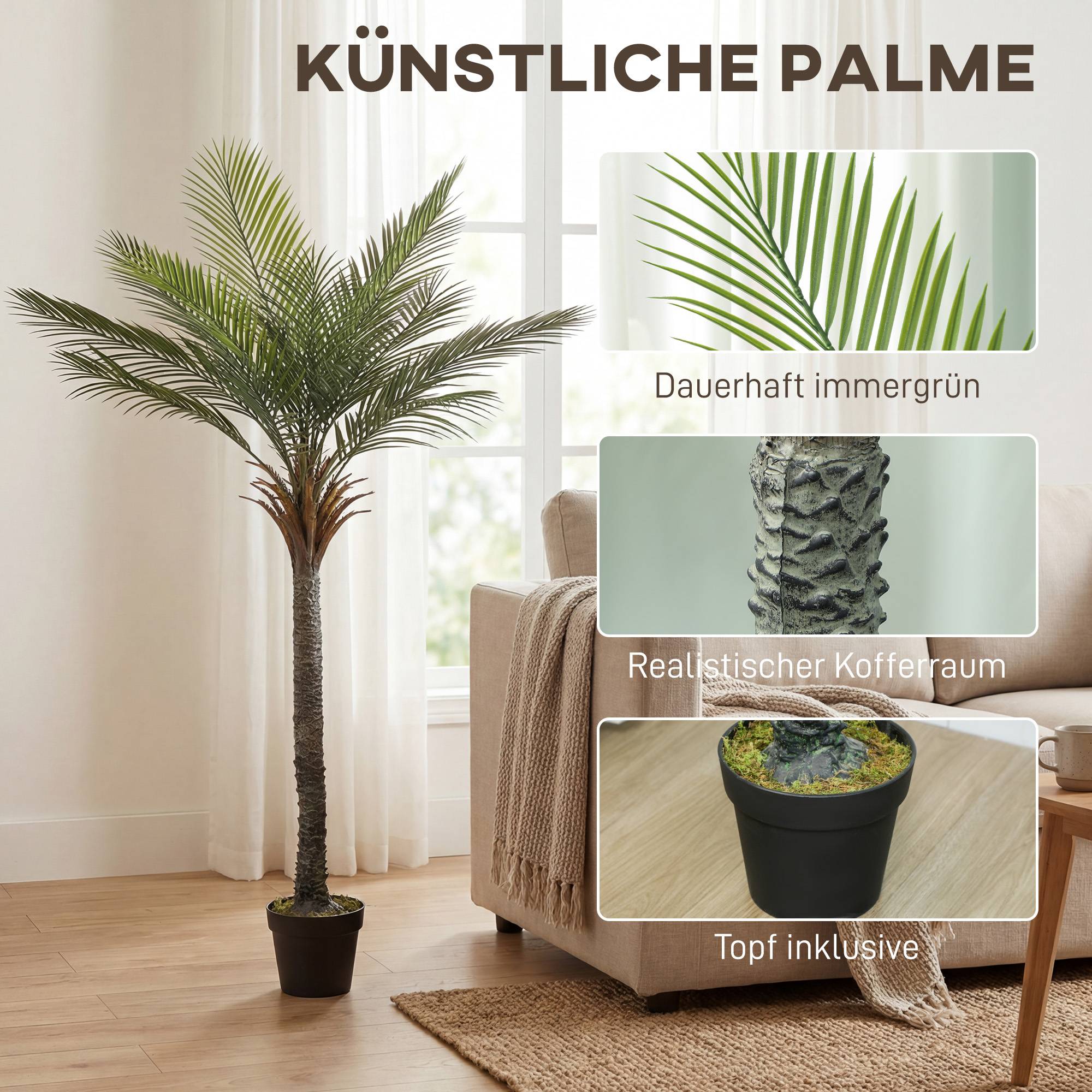 Grand palmier artificiel 180 cm, plante en pot réaliste, salon balcon - Image 6