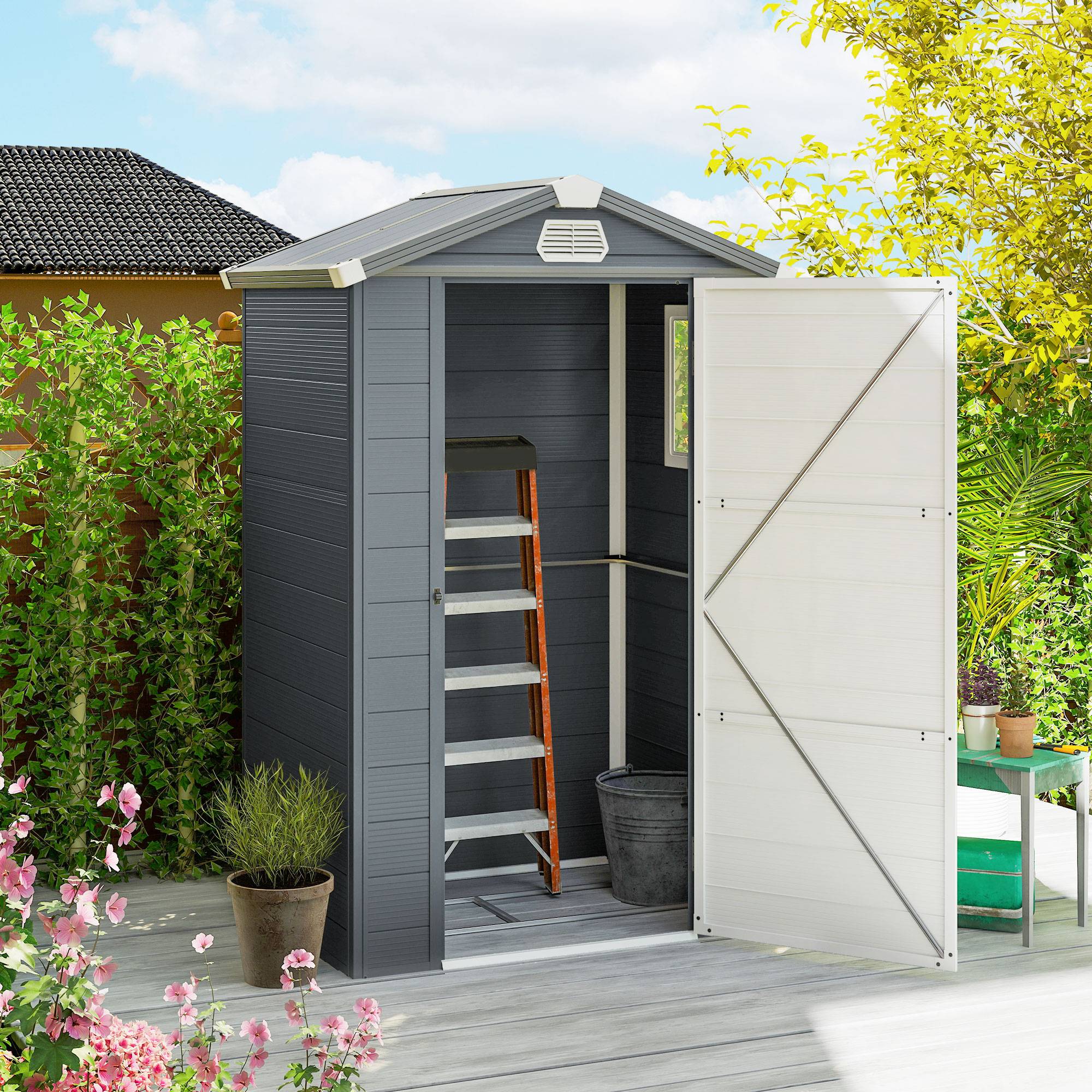 Abri de jardin 1,1 m² toit pente 133x102x180-208 cm, cabane rangement extérieur sécurisée outils jardin - Image 3