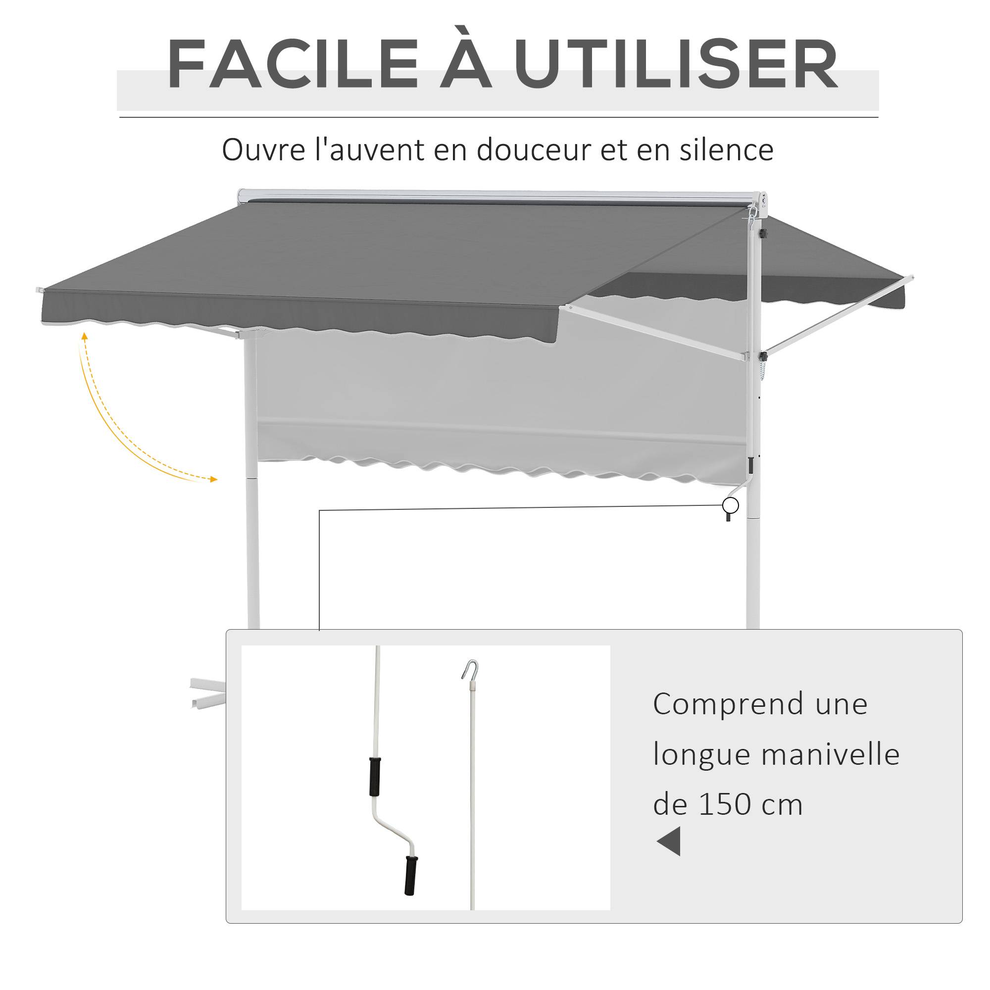 Store Double Pente 3 x 3 m Manuel rétractable Inclinaison réglable Acier époxy Blanc Polyester imperméabilisé Anti-UV Gris - Image 7