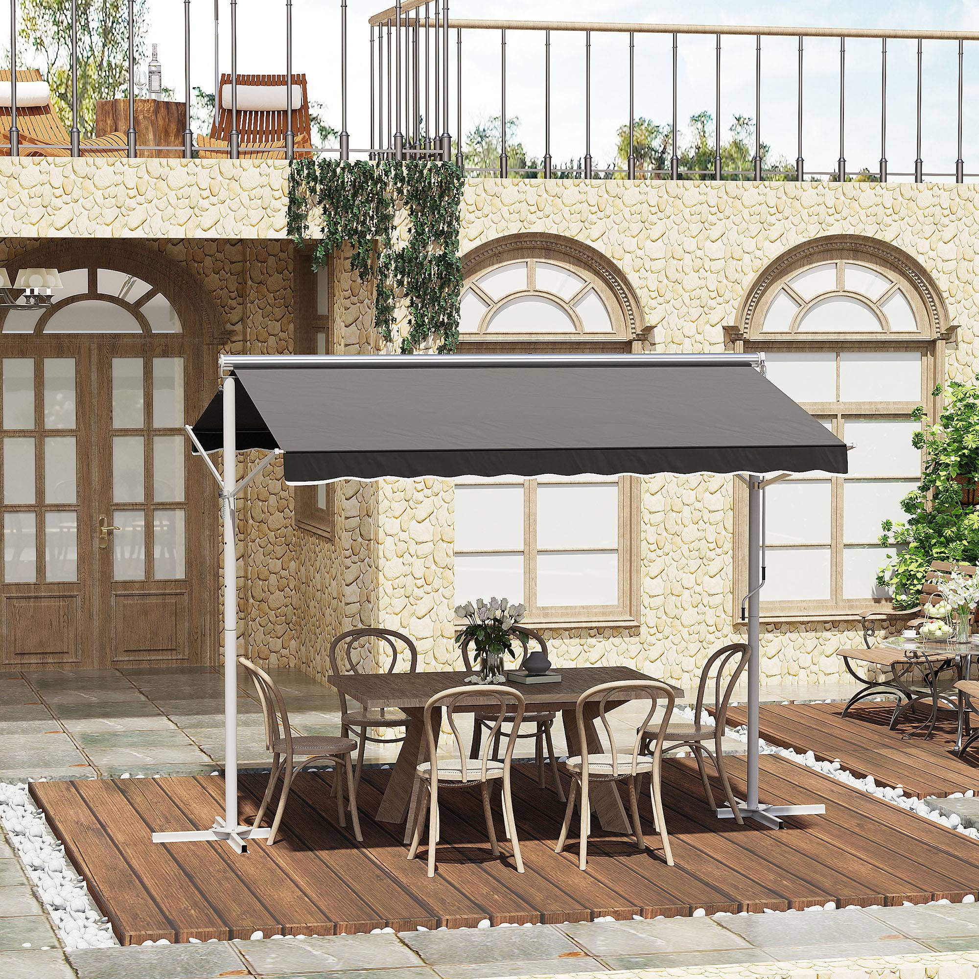Store Double Pente 3 x 3 m Manuel rétractable Inclinaison réglable Acier époxy Blanc Polyester imperméabilisé Anti-UV Gris - Image 3
