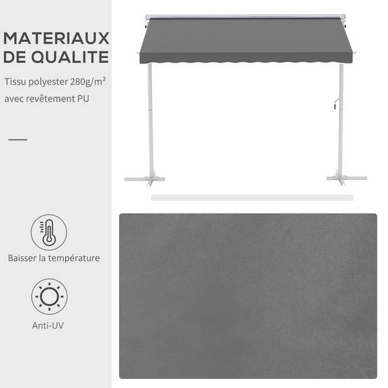 Store Double Pente 3 x 3 m Manuel rétractable Inclinaison réglable Acier époxy Blanc Polyester imperméabilisé Anti-UV Gris - Image 6