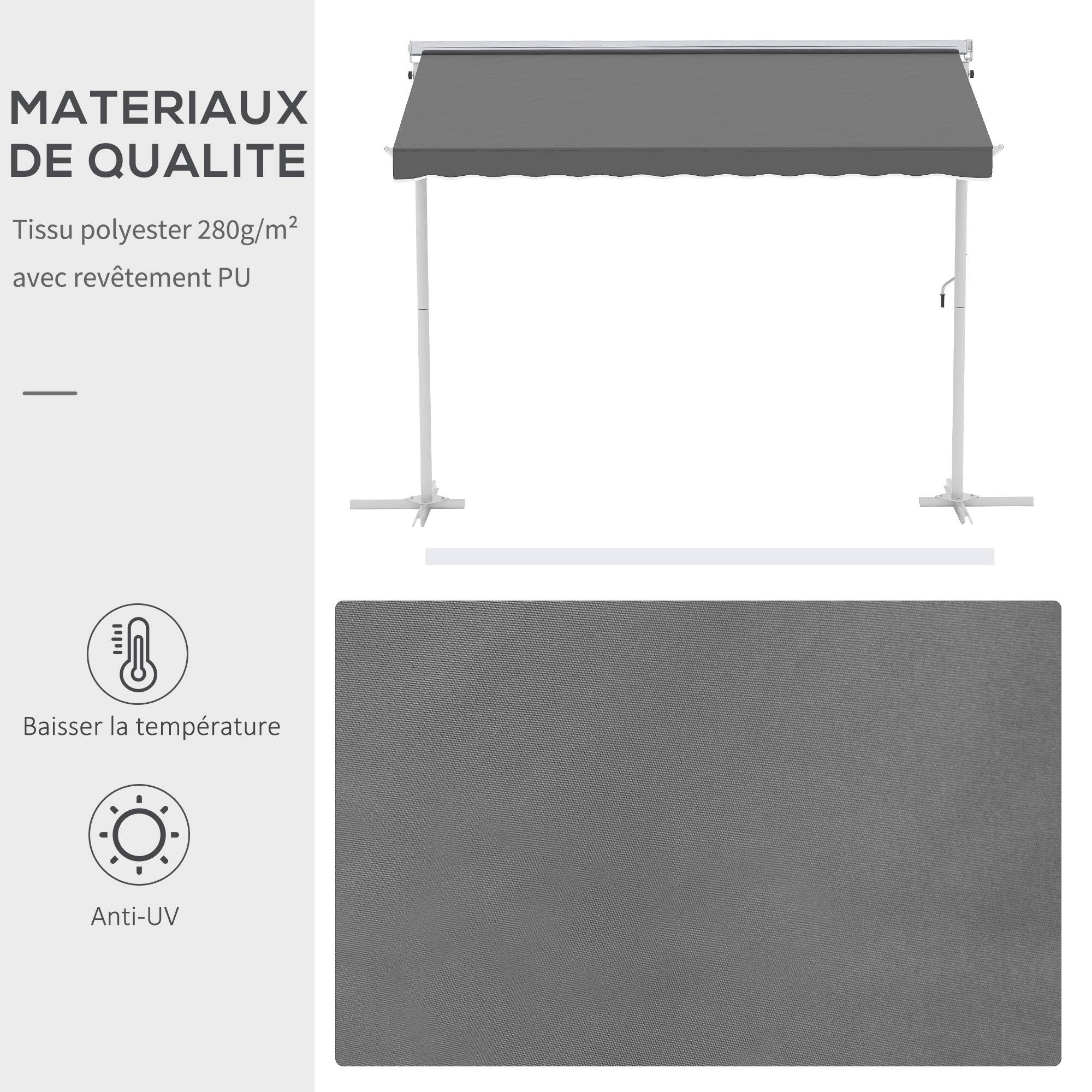 Store Double Pente 3 x 3 m Manuel rétractable Inclinaison réglable Acier époxy Blanc Polyester imperméabilisé Anti-UV Gris - Image 6