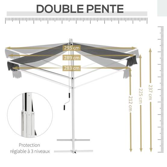 Store Double Pente 3 x 3 m Manuel rétractable Inclinaison réglable Acier époxy Blanc Polyester imperméabilisé Anti-UV Gris - Image 8