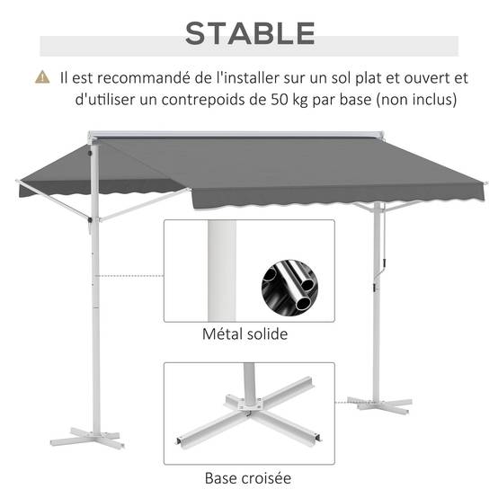 Store Double Pente 3 x 3 m Manuel rétractable Inclinaison réglable Acier époxy Blanc Polyester imperméabilisé Anti-UV Gris - Image 9