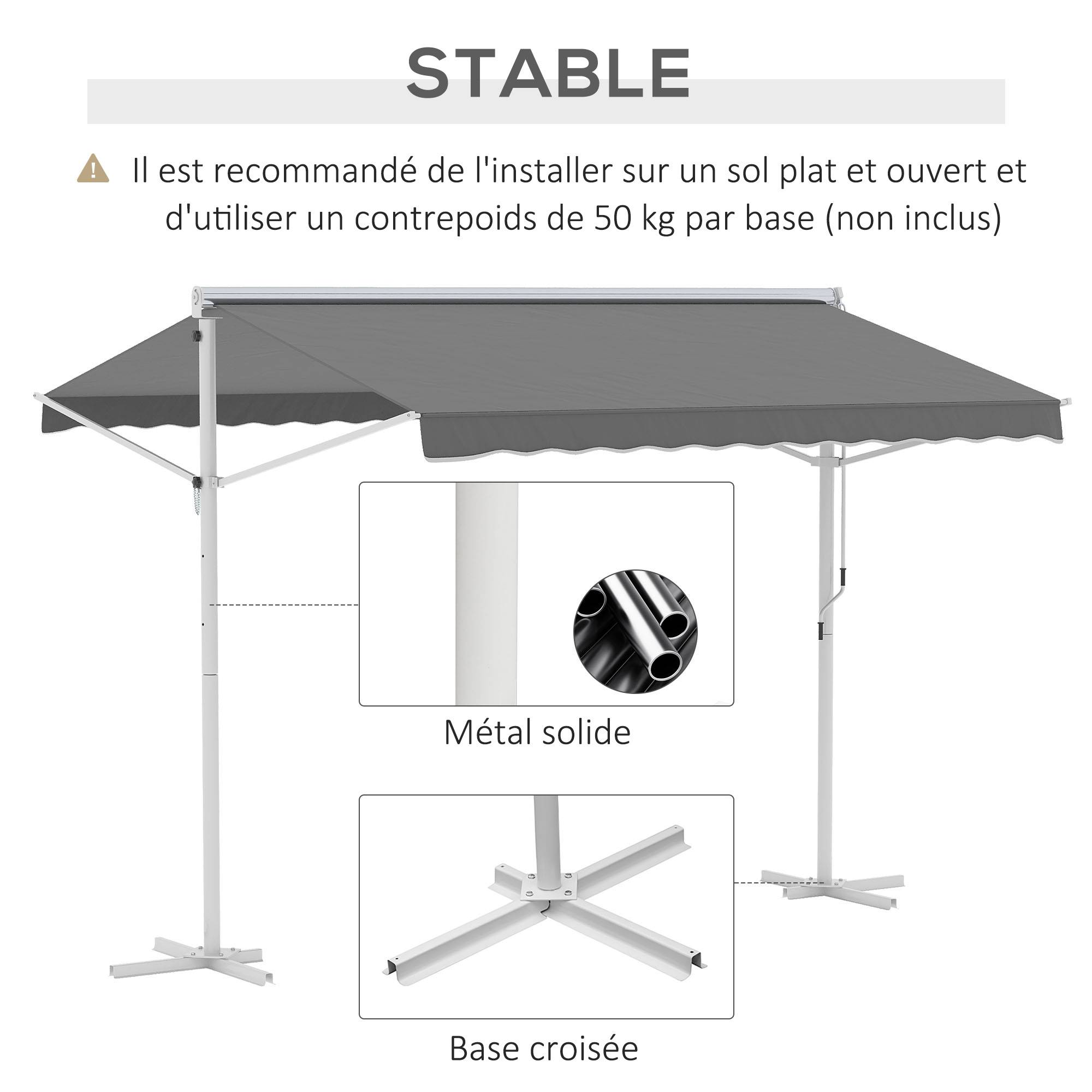 Store Double Pente 3 x 3 m Manuel rétractable Inclinaison réglable Acier époxy Blanc Polyester imperméabilisé Anti-UV Gris - Image 9